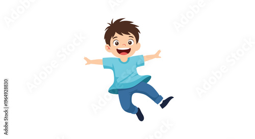 Energetic young boy with brown hair jumping high in the air with his arms and legs spread wide and a happy joyful face.