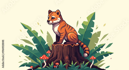 Small pixel art tiger cub sitting on a tree stump surrounded by green tropical leaves and mushrooms on a pale background.