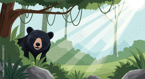 Black bear with a curious expression peeking out from behind a large tree trunk in a bright forest with sunlight rays.