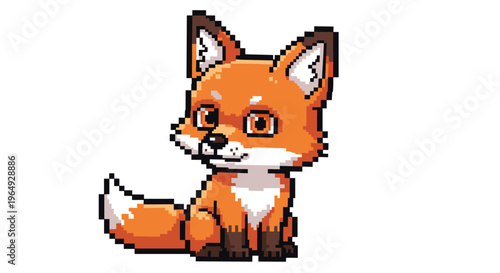 Adorable pixel art illustration of a small orange fox cub with large eyes and a bushy tail sitting on a white background.
