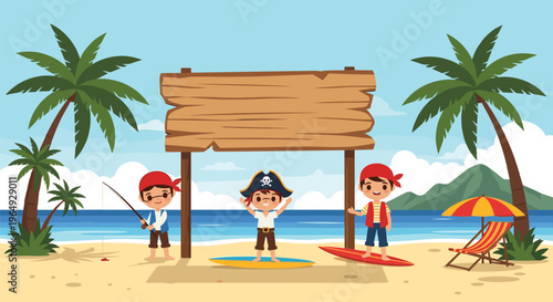 Group of children dressed as pirates enjoy their time on a tropical beach with a blank wooden sign for custom text placement.