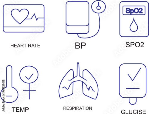 Minimalist Healthcare dark blue Line Icon Set, Medical Monitoring and Vital Signs Icons for World Health Day Awareness Campaign