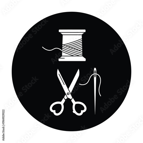 Sewing tools icon with spool of thread scissors and needle icon