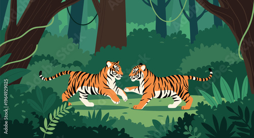 Playful tiger cubs interact with each other in a lush green jungle environment surrounded by thick trees and tropical foliage.