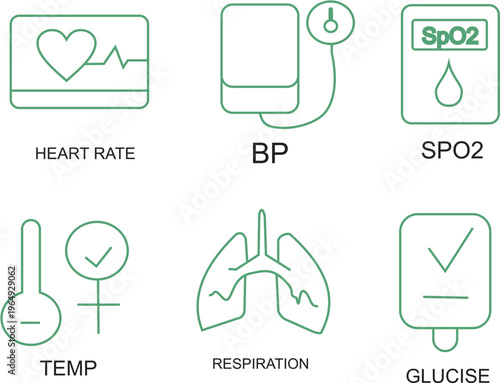 Minimalist Healthcare green Line Icon Set, Medical Monitoring and Vital Signs Icons for World Health Day Awareness Campaign