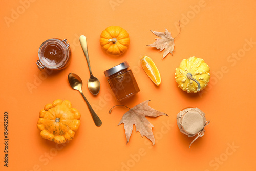Jars of sweet pumpkin jam w...
