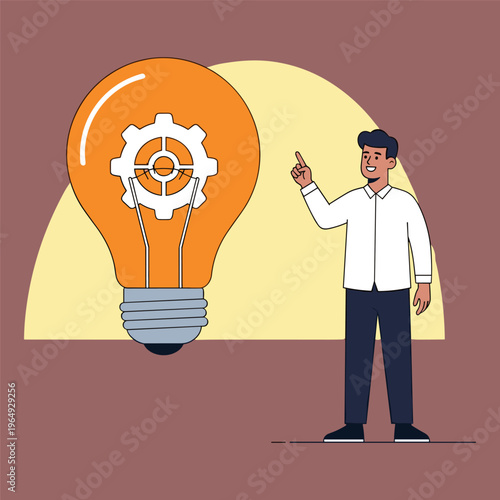 Man pointing at lightbulb with gear inside for innovation concept