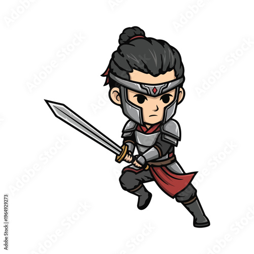 Chibi warrior character wearing grey metal armor and red fabric accents, holding a silver sword in a combat stance, isolated on white background, 2D game mascot illustration.
