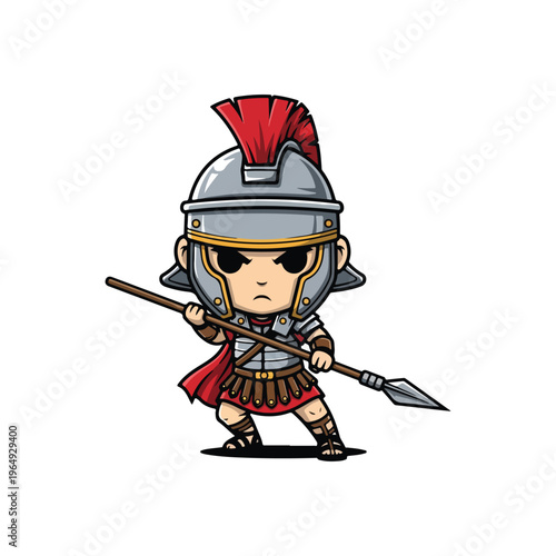 Chibi Roman legionary soldier character wearing silver armor and a galeo helmet with a red crest, holding a sharp spear in a combat stance, isolated on white background.