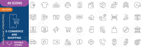 E-commerce and Shopping icon set. Containing mobile shop, shopping cart, testimonials, shipping and delivery, fashion and etc. line Icon. Editable stroke. Vector file.