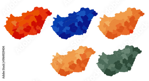 Colorful abstract maps of hungary divided into regions with different color