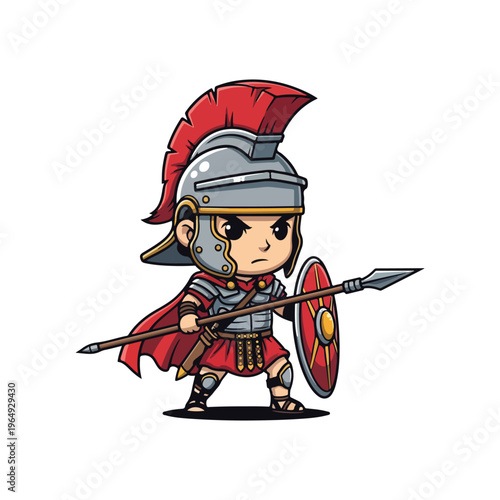 Full body chibi Roman legionary soldier cartoon illustration wearing silver Galea helmet with red plume, segmented armor, holding a spear and shield on white background.