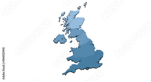 Stylized 3d map of the united kingdom and ireland in blue tones isolated on white