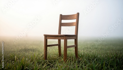 Wooden chair in misty sunrise field symbolizing solitude and reflection in nature