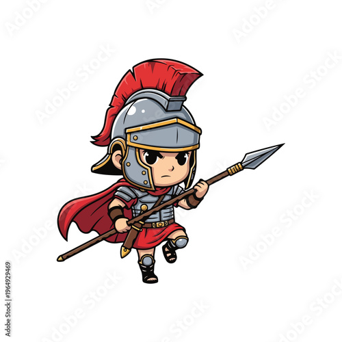 Chibi style Roman legionary soldier illustration holding a spear weapon, wearing silver plate armor, a red crest helmet, and a red cape, isolated on a white background.