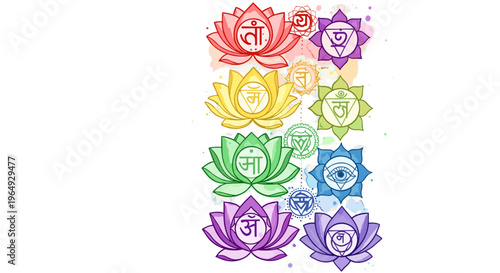 Vibrant chakra lotus flowers with sanskrit symbols ascending in spiritual harmony