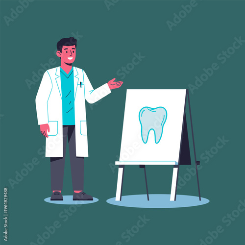 Dentist presenting tooth diagram on whiteboard in modern clinic