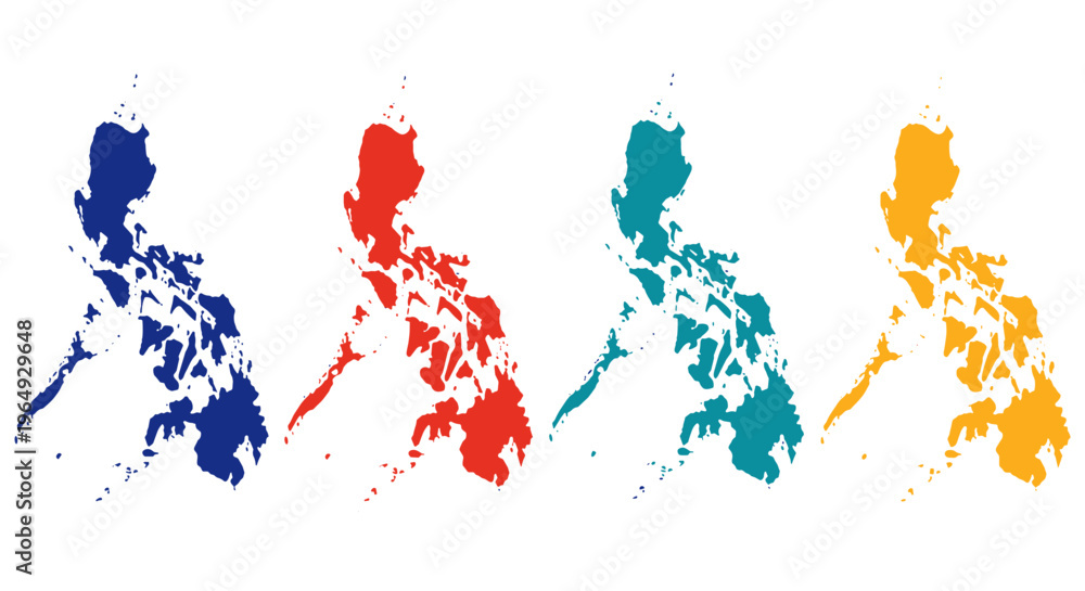 Fototapeta premium Colorful philippines map silhouettes collection blue red teal and yellow variations