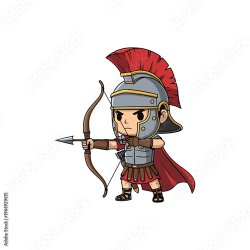 Chibi Roman legionary archer cartoon character wearing silver armor and a red plumed helmet aiming a wooden bow and arrow, vector style illustration isolated on a white background.