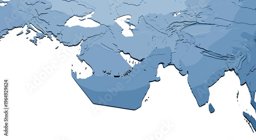 Abstract blue map of asia continent with clear delineation of borders and countries