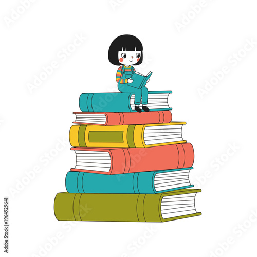Cute Little Girl Sitting on a Stack of Books Reading Cartoon Illustration