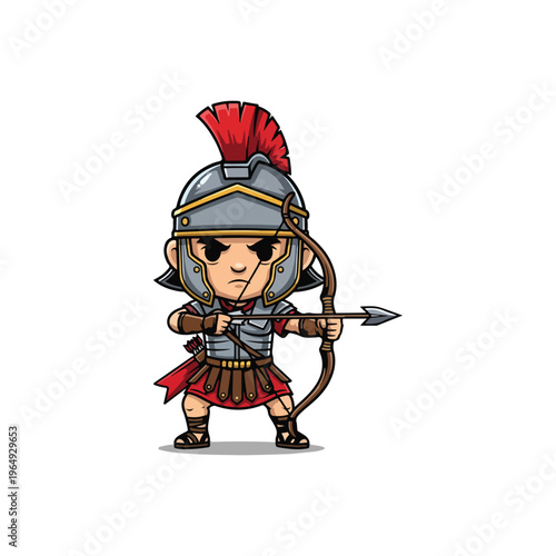Detailed Chibi Roman Archer Character Illustration Wearing Silver Helmet with Red Crest and Traditional Armor Aiming a Wooden Bow and Arrow Isolated on a Plain White Background.