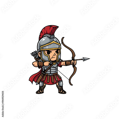 Chibi style Roman centurion archer mascot character in full silver armor and red cape aiming a bow and arrow, featuring detailed helmet and quiver, isolated on white background.