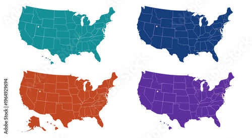 Four colorful abstract united states maps isolated on white background diverse