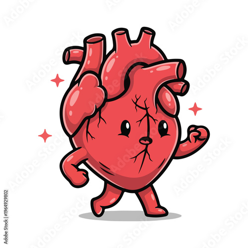 Cute anthropomorphic human heart character with arms and legs walking, cartoon mascot of an anatomical heart for cardiovascular health, fitness, and medical education, white background.