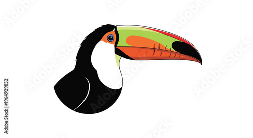 Colorful toucan bird with a large yellow and black beak stands on the ground next to small tropical green and blue leaves.