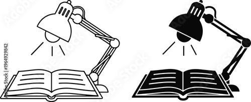 Reading Book and Desk Lamp Icon Set Featuring Linear and Silhouette Vector Designs for Education Study Library Office Workspace and Literature