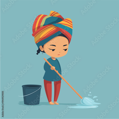 Young girl mopping floor with bucket and mop.