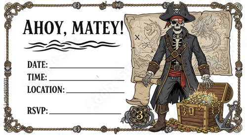 Pirate skeleton invitation template for themed party with treasure chest and old