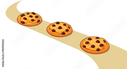 Three delicious chocolate chip cookies arranged in a diagonal line on a light