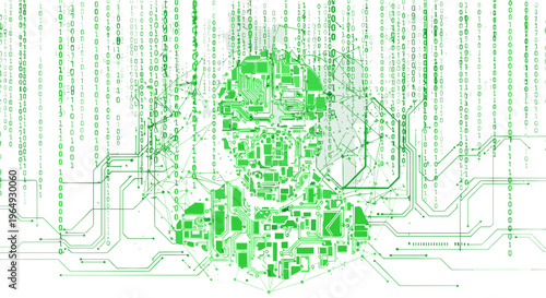 Digital human face formed by green glowing binary code and circuit board patterns