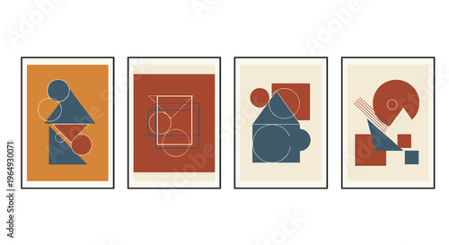 Four framed abstract geometric mid century modern art pieces with warm earth tones