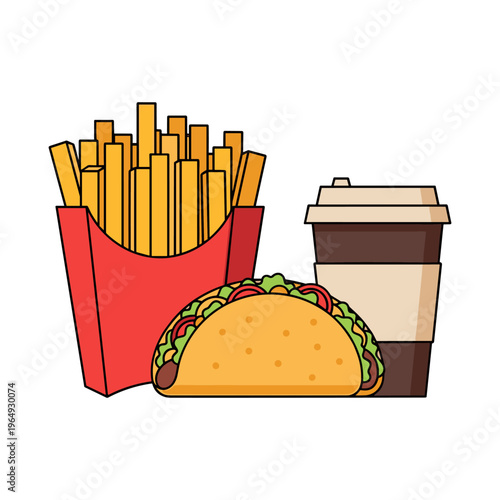 Tasty fast food combo with fries taco and coffee