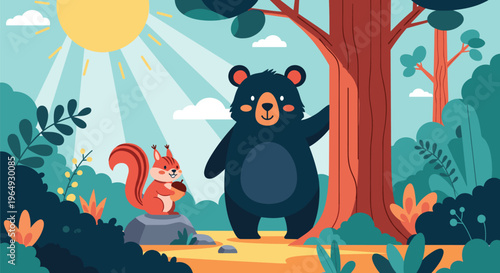 Small brown monkey with a long tail sits on a patch of grass under a leafy green tree next to some grey rocks.