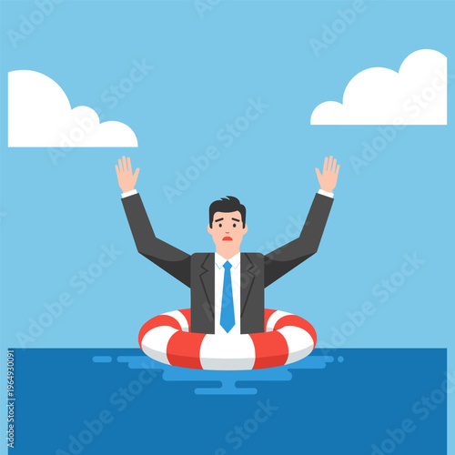 Businessman struggling to stay afloat in ocean on liferaft