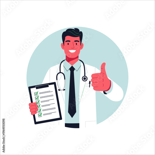 Smiling doctor giving thumbs up with medical checklist in hand