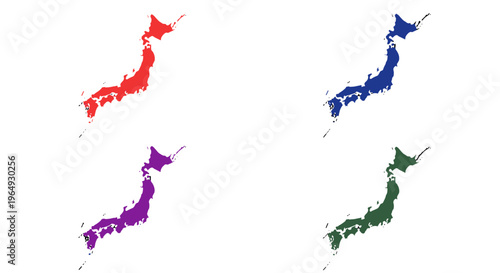 Four colorful abstract maps of japan's archipelago in red blue purple and green