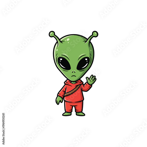 Cartoon illustration of a small green extraterrestrial alien with large black eyes and antennae, wearing a red hoodie and tracksuit, waving its hand, isolated on a white background.