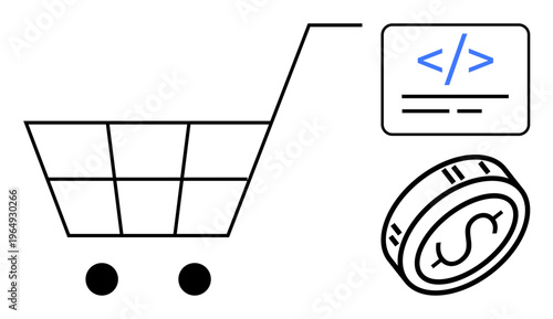 Online shopping, e-commerce, digital payments, web development, technology, finance. Shopping cart, code symbol coin. Online shopping and e-commerce with visual