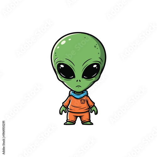 Cartoon illustration of a cute green extraterrestrial alien character with a large head and almond-shaped black eyes, wearing an orange jumpsuit and blue collar, isolated on a white background.