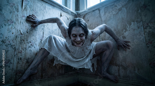 Sinister possessed woman with white eyes and a terrifying grin crawling in the corner of a dark abandoned room with peeling wallpaper.