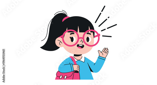 Joyful little penguin with a blue and yellow striped tie stands happily on a light blue ice or snow background.