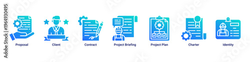 Project Setup web banner icon vector illustration with icons of Proposal,Client,Contract,Project Briefing,Project Plan,Charter and Identity