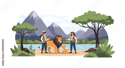 Male and female safari rangers standing with a large lion and a small cub in a vast savanna landscape with mountains behind.