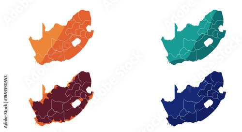 South africa map graphic with four color variations and provincial borders clean