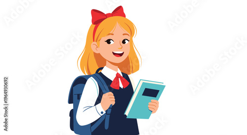 Cute blonde schoolgirl wearing a red bow and a blue uniform carrying a backpack and holding a book while smiling for school day.